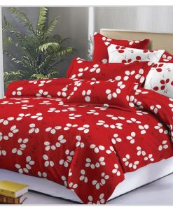 Ensemble Draps de Lit 3 Places 100% coton rouge-blanc, motifs en fleurs trèfles